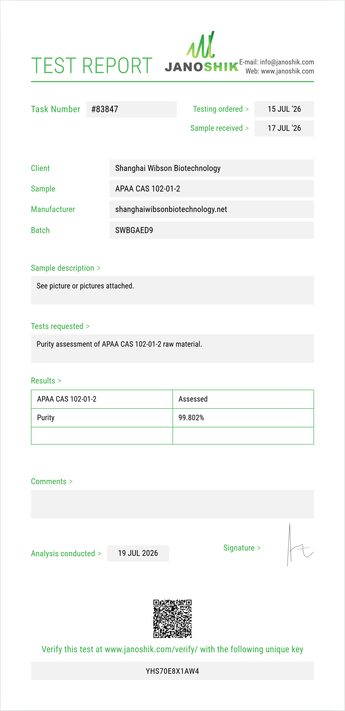 APAA (alpha-phenylacetoacetamide) CAS 102-01-2 Purity (HPLC) report by Janoshik Analytical