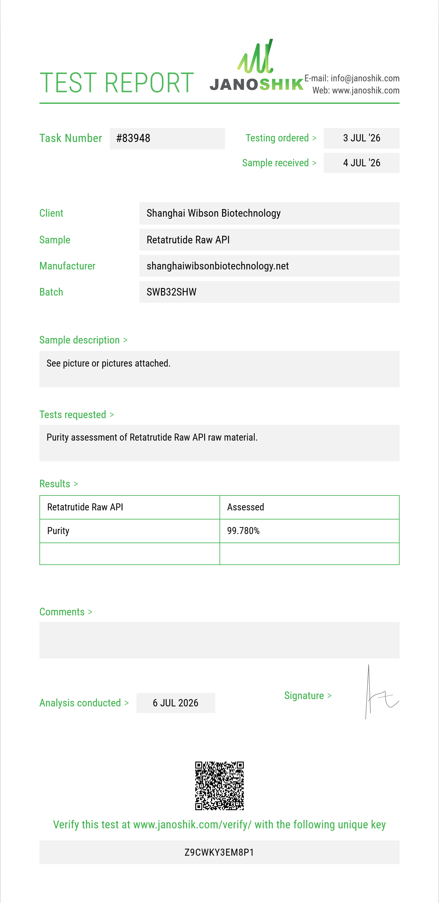 Retatrutide Raw Purity (HPLC) report by Janoshik Analytical