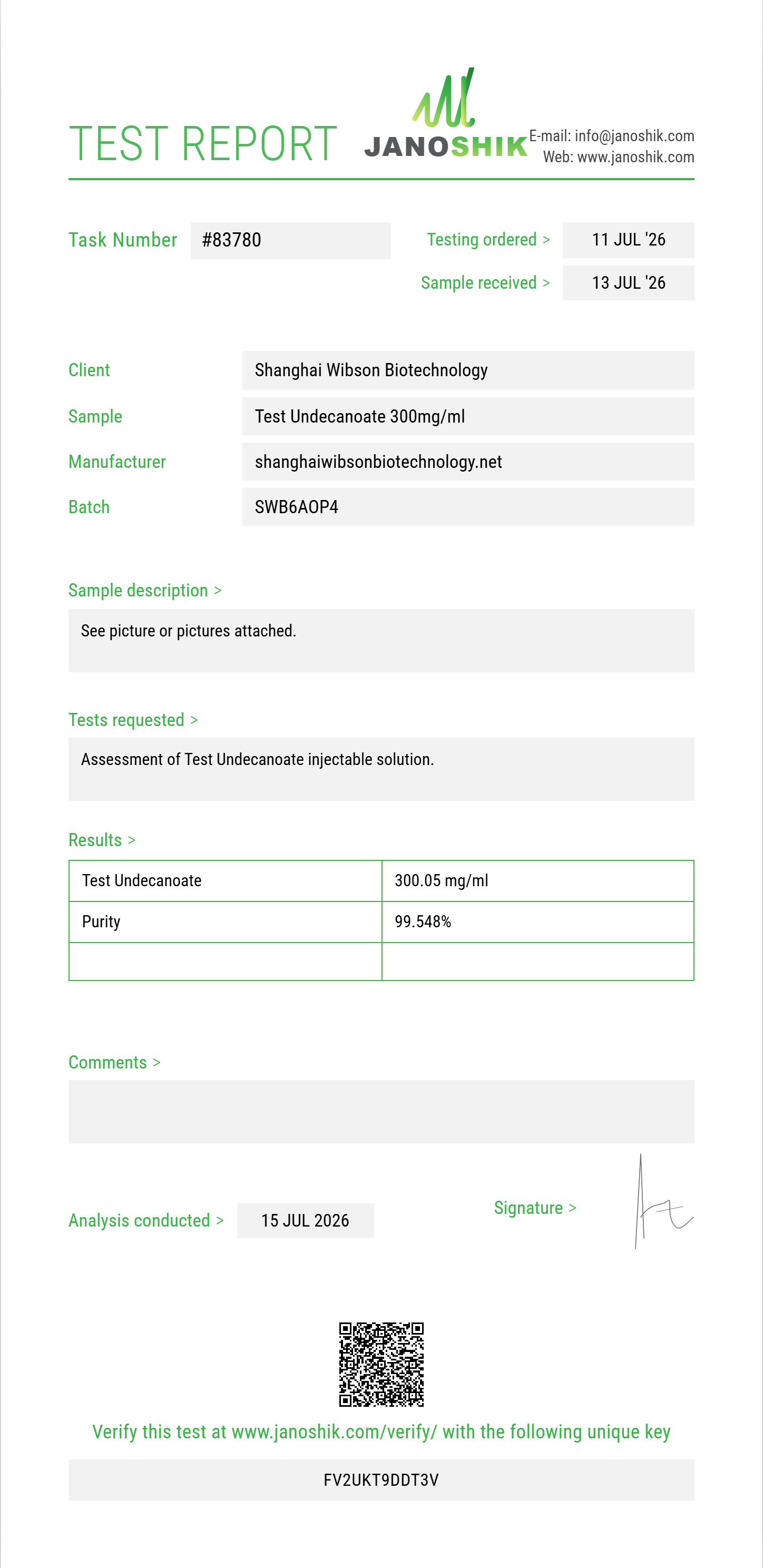 Test Undecanoate Purity (HPLC) report by Janoshik Analytical